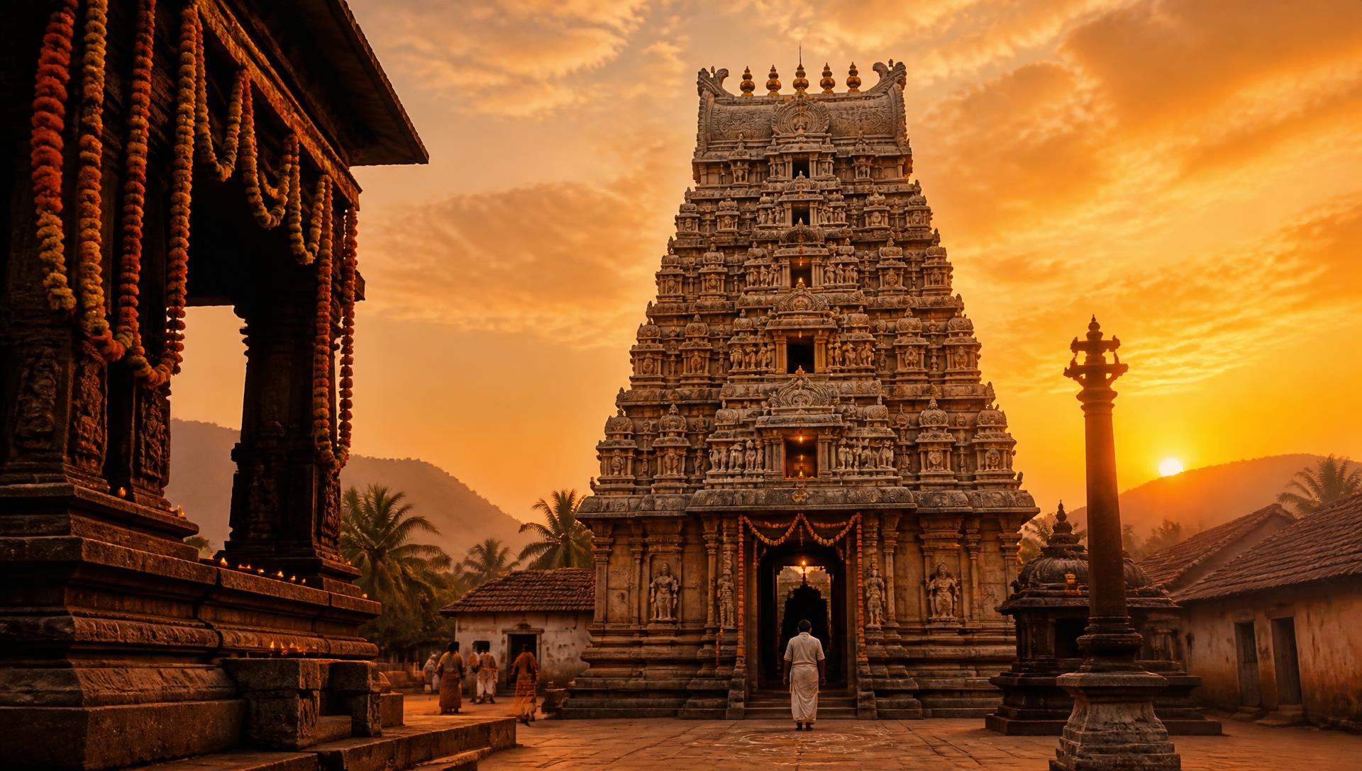 Temple gopuram at sunset