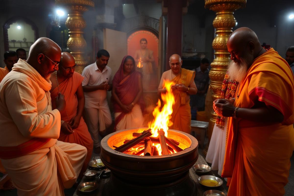 Priests performing a homam at the temple